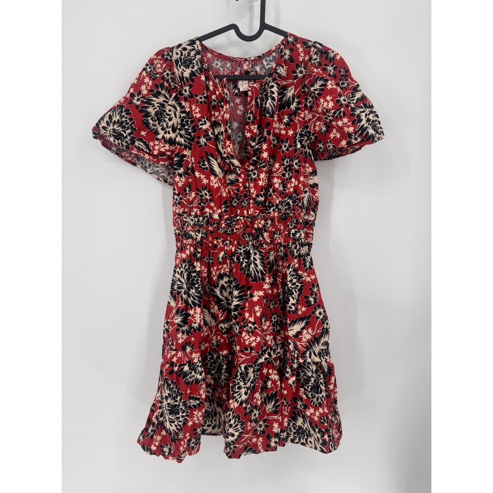 Anthropologie Mini Dress Women Size M Red Floral Smocked Tiered Puff Sleeve